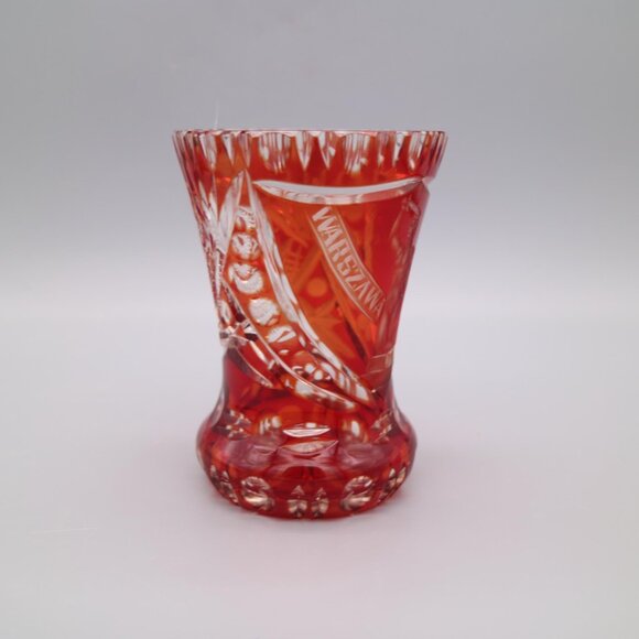 Vintage Rare Warszawa Poland Ruby Red Etched Carved Glass Vase Post War Warsaw - Picture 3 of 6